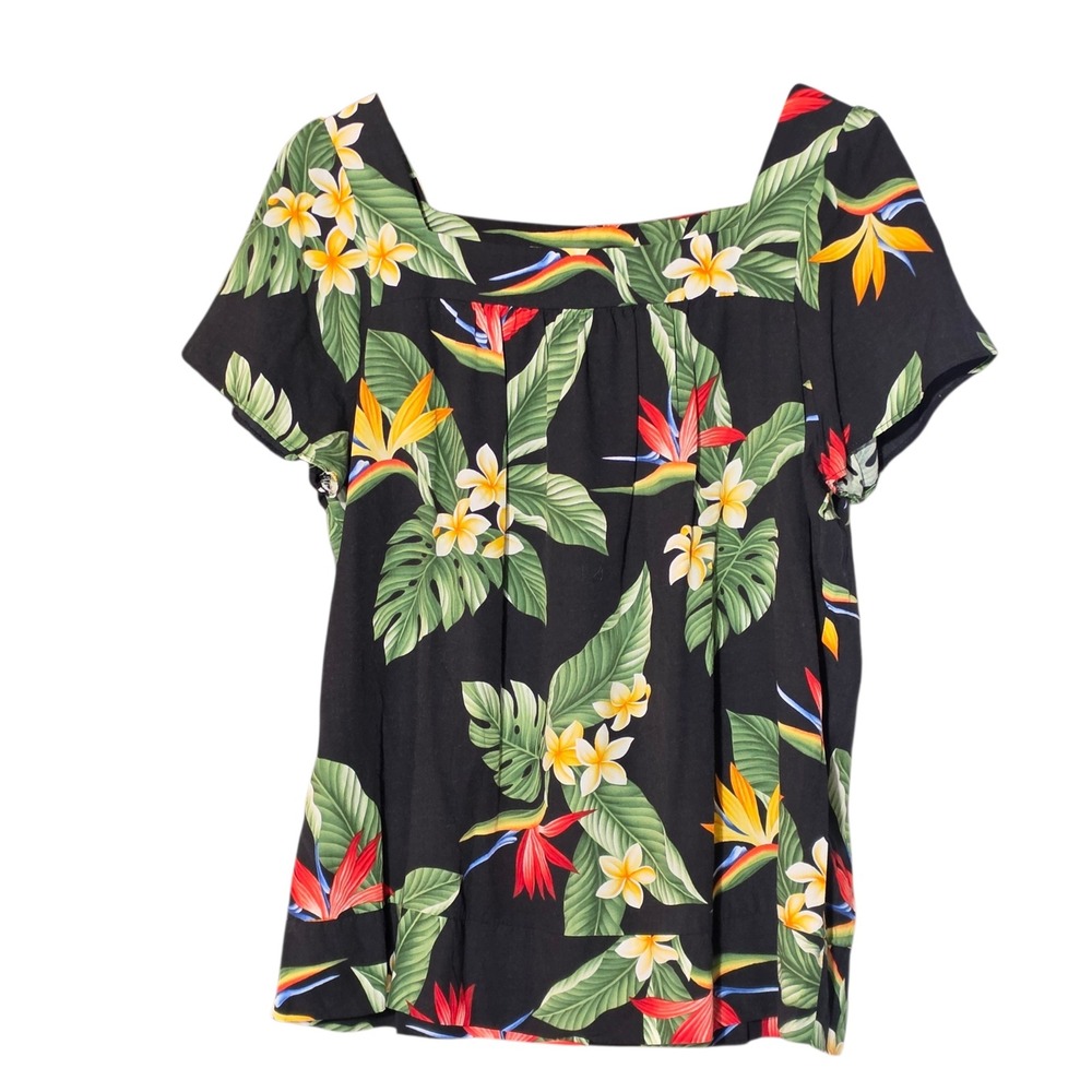 Shannon Marie Hawaiian Floral Top Black Bird of Paradise Rayon Made in Hawaii L